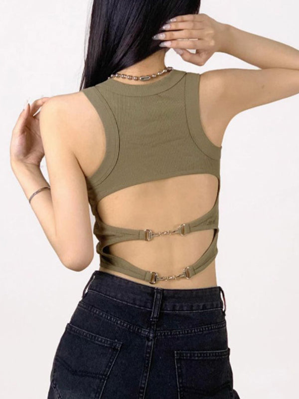 Solid Metal Buckle Backless Tank Top
