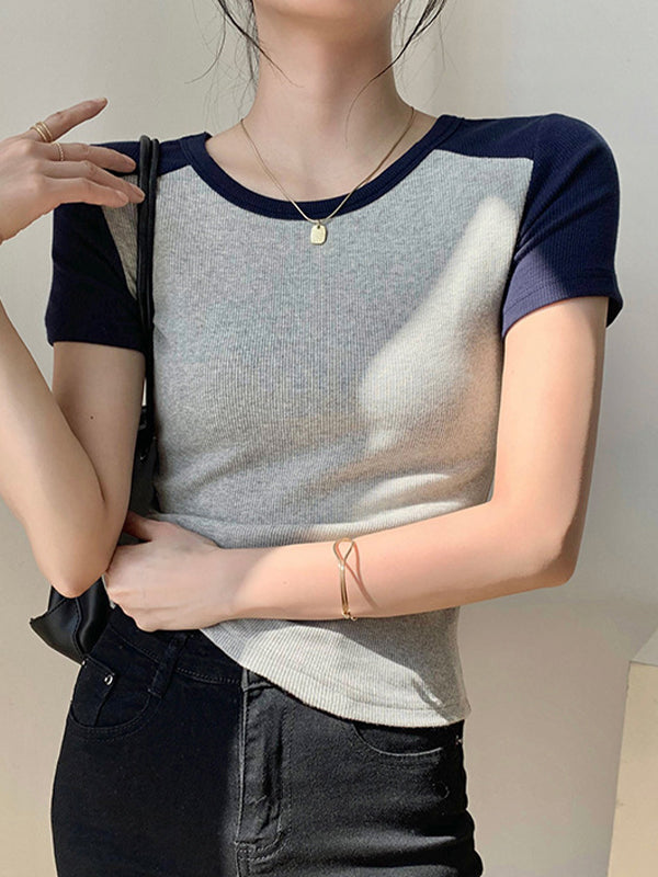 Contrast Color Stitching Crewneck Short Sleeve Knits