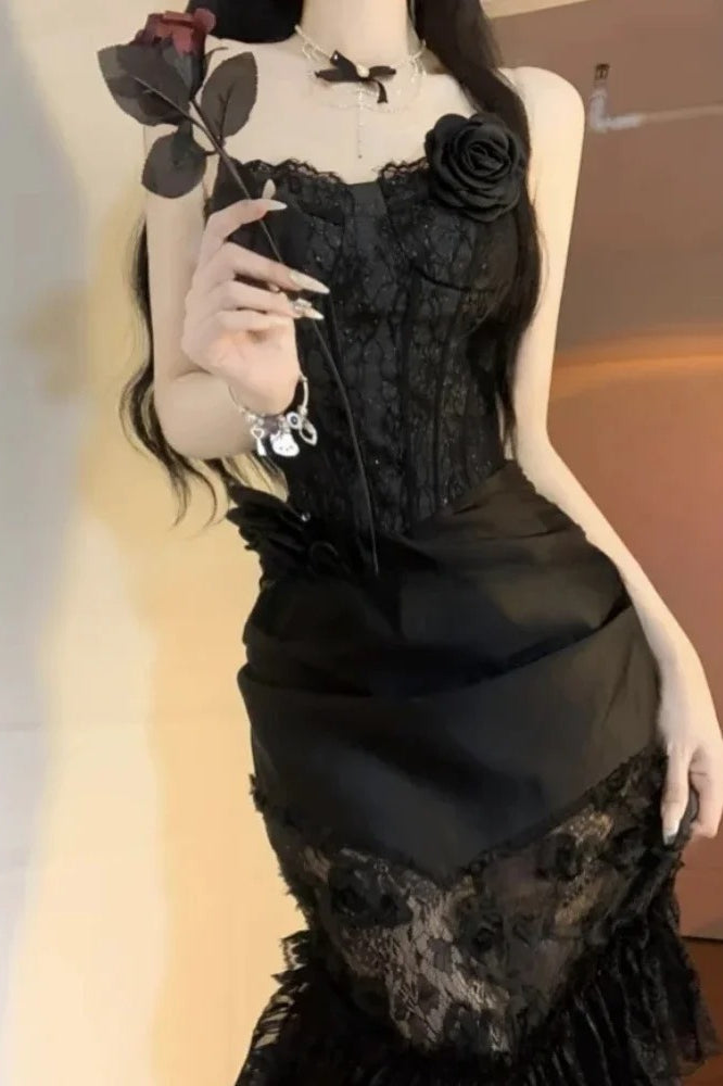 Vintage Off Shoulder Lace Hollow Out Back Evening Maxi Dress