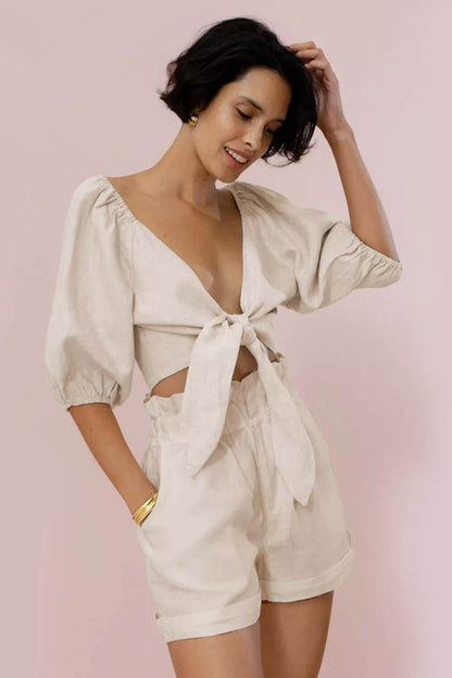 Linen Wrap Front Tie Puff Sleeve Shorts Sets In Khaki