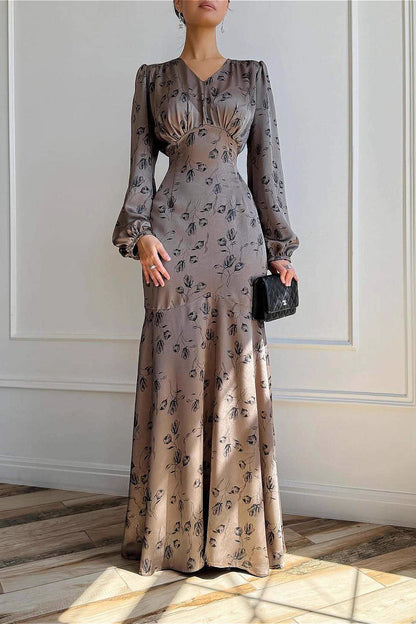 Elegant Satin High Waist Floral Dress