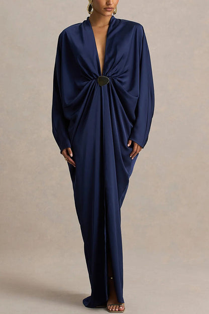 Tina Satin Plunge V-neck Gold Trim Detail Long Batwing Sleeve Maxi Dress