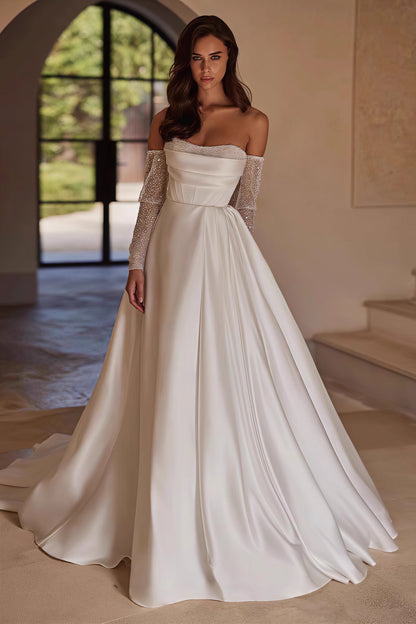 Strapless Beaded High Slit Satin Train Wedding Dress