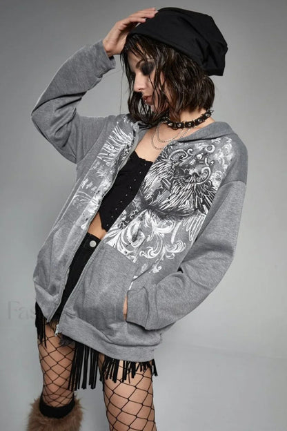 Eagle Print Zip Up Hoodie