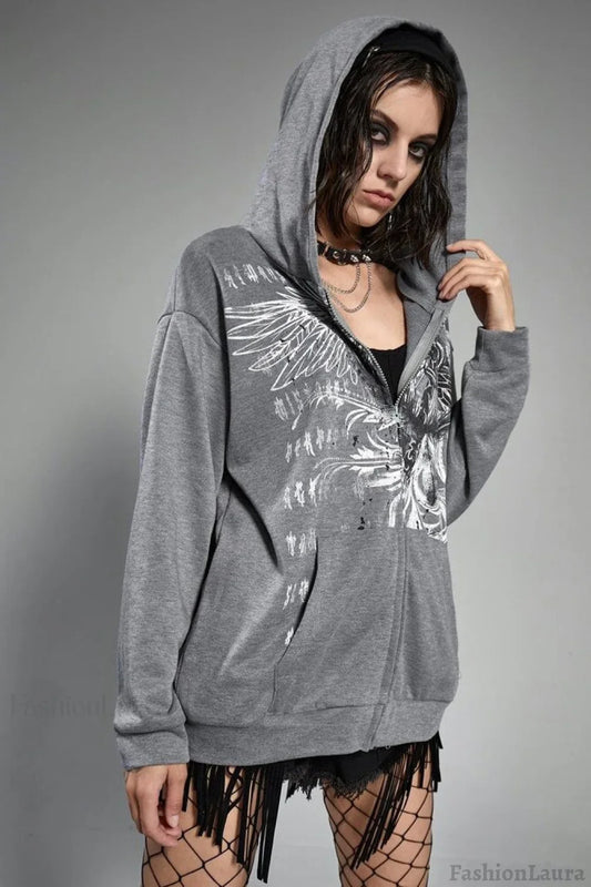 Eagle Print Zip Up Hoodie