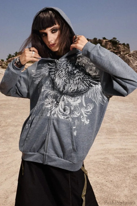 Eagle Print Zip Up Hoodie