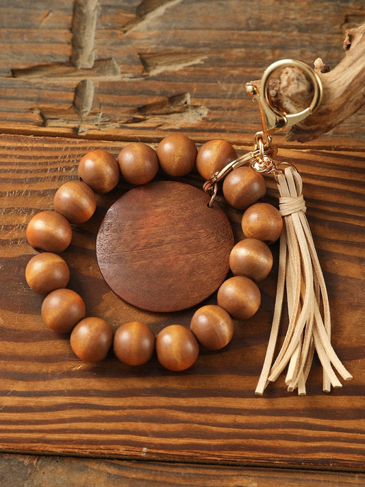 Earth Tone Wooden Beads and Tassel Keychain Bracelet