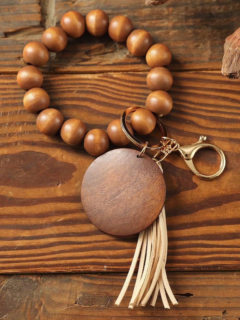 Earth Tone Wooden Beads and Tassel Keychain Bracelet
