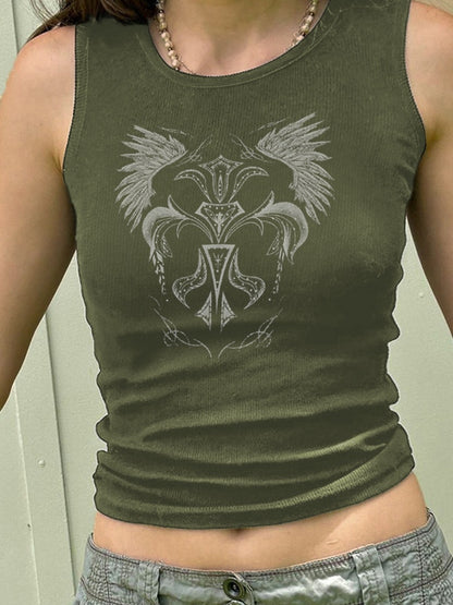 Vintage Wings Print Ribbed Cropped Tank Top