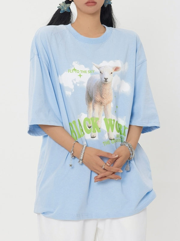 Cute Sheep Print Oversized Short Sleeve Tee
