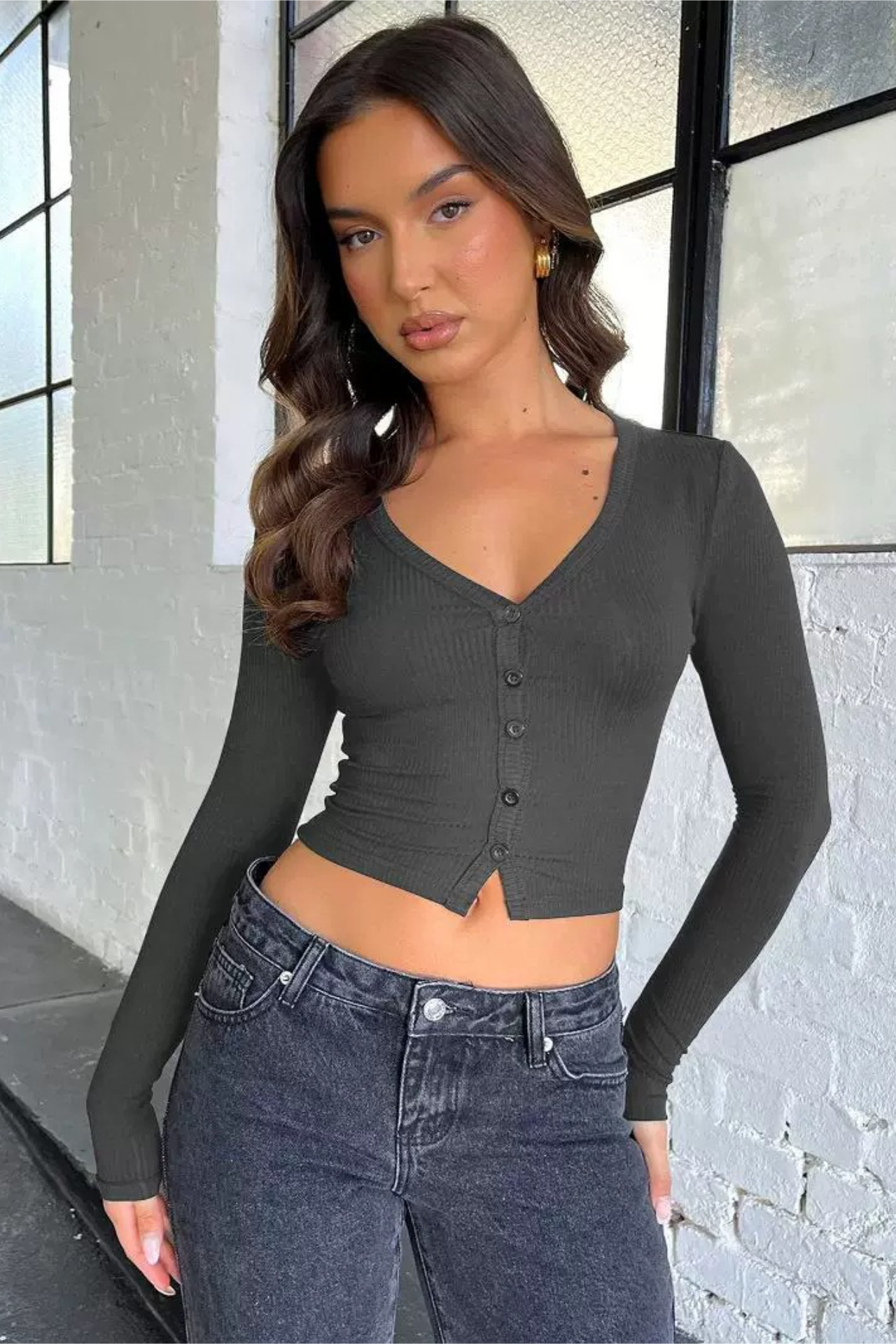 Y2K Ribbed Regular Shoulder Button Cardigan Sexy Crop Top
