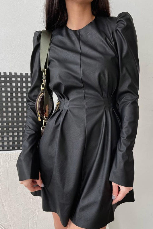 Leather Puff Sleeve Round Neck Mini Dress