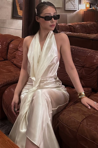 Elegant Draped Neck Backless Slit Long Prom Dress