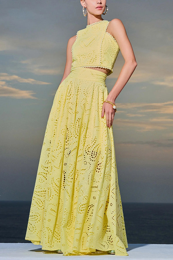 Paris Dreaming Embroidered Lace High Rise Elastic Waist Pocketed Maxi Skirt 