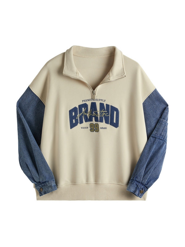 Denim Splice Letter Print Lapel Neck Oversized Hoodie