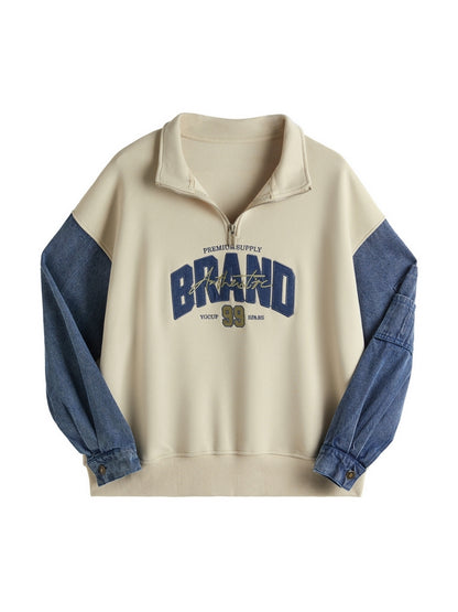 Denim Splice Letter Print Lapel Neck Oversized Hoodie