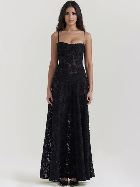 Trumpet Dress Spaghetti Straps Lace-up Floral Embroidery Prom Maxi Dresses