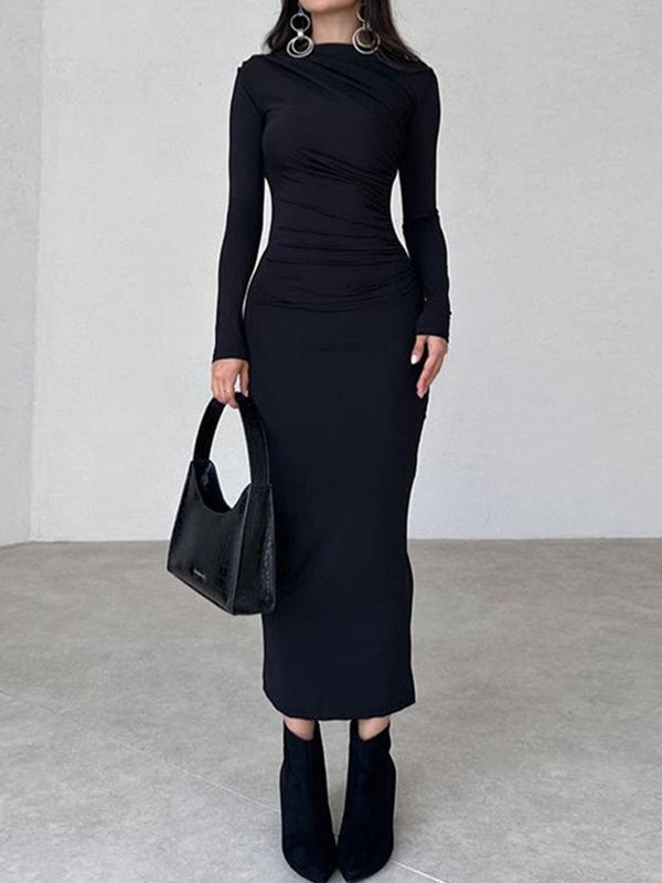 Solid Ruched Long Sleeve Maxi Dress