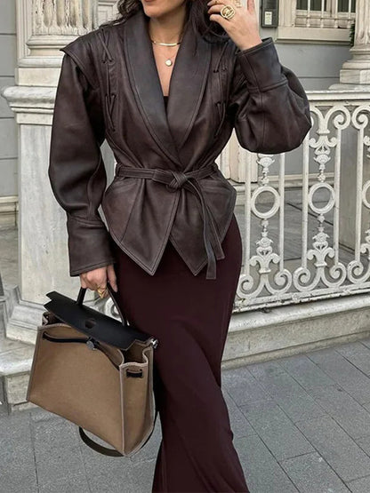Lapel Lace Up Leather Long Sleeve Jacket
