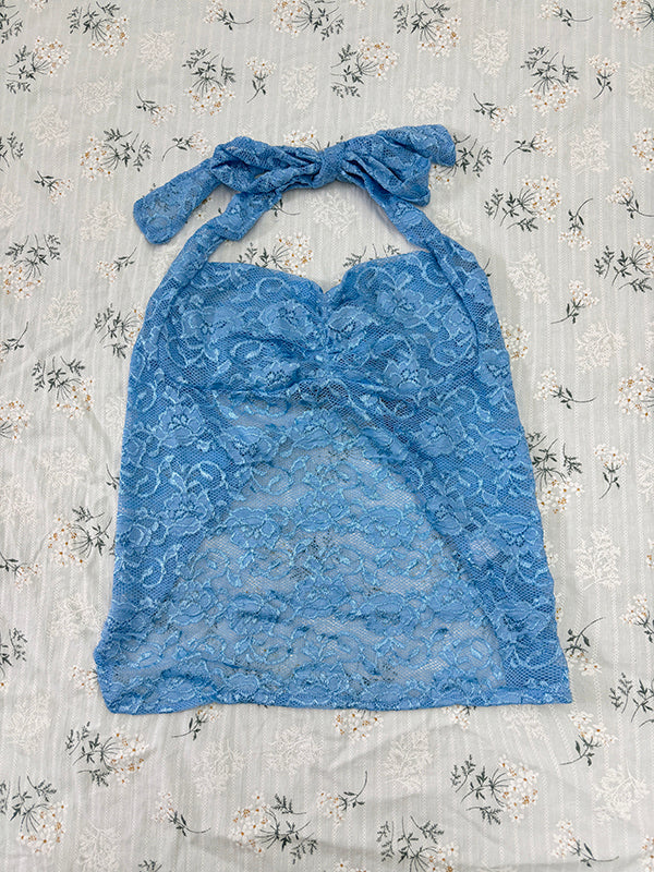 Lace-Paneled Open-Back Halterneck Top
