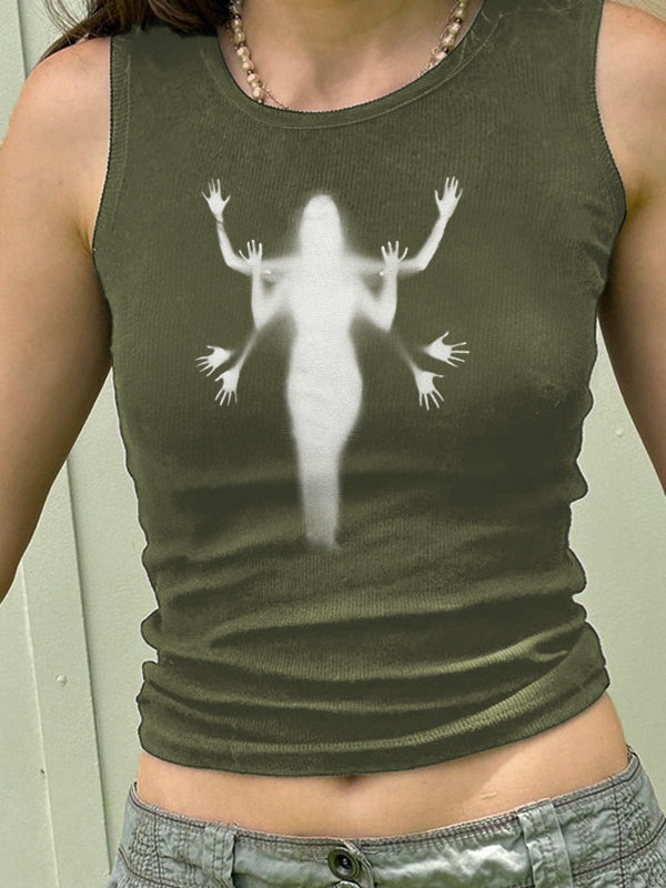 Street Shadow Print Ribbed Cropped Tank Top