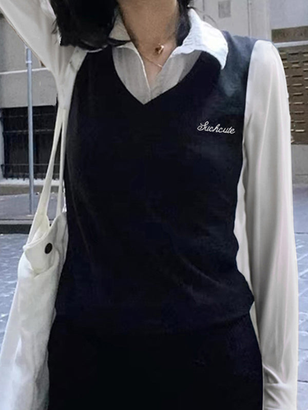 Contrast Color 90s Fake Two Piece Slim Fit Long Sleeves Shirts