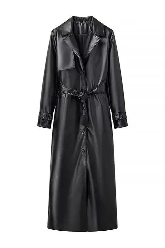 Vintage PU Leather Belted Long Trench Coat