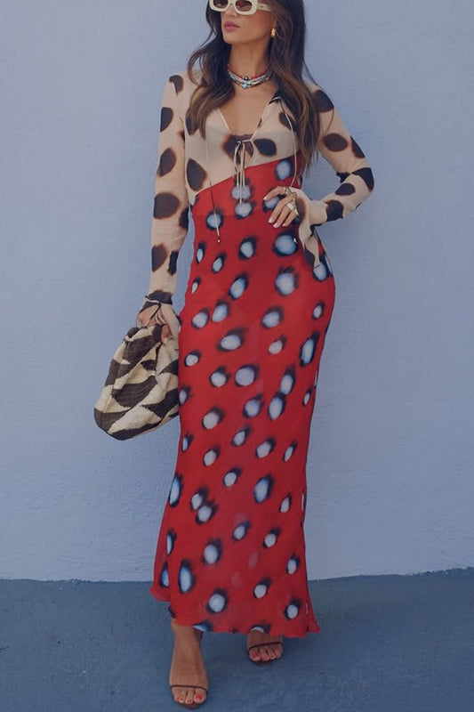 Sabine Animal and Butterfly Print Colorblock Long Sleeve Bias Cut Maxi Dress