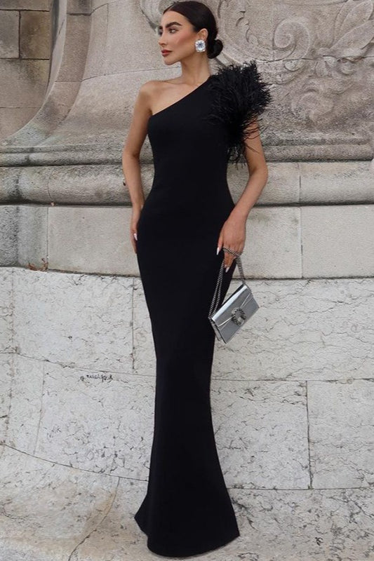 Elegant Feather One Shoulder Party Dress