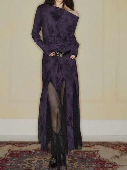 Random Smudged Print One Shoulder Mesh Splice Maxi Dress