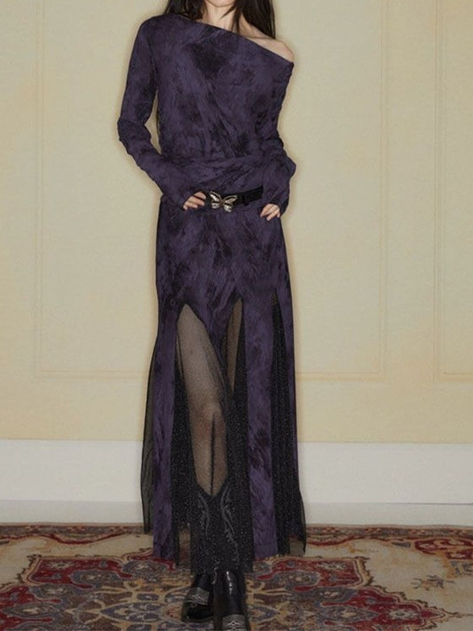 Random Smudged Print One Shoulder Mesh Splice Maxi Dress