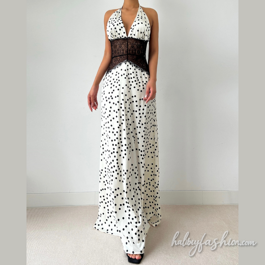 Polka dot halter self tie v neck lace maxi dress