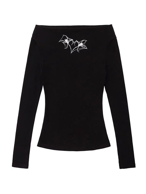 Spider Print Off Shoulder Long Sleeve Tee