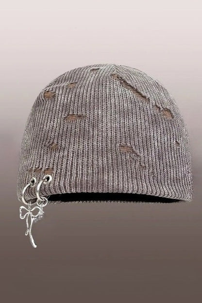 Harajuku Hole Design Iron Ring Skull Knitted Beanie Hat