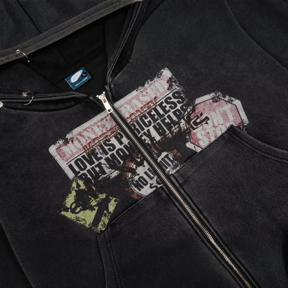 Heavy Washed Distressed Letter Print Zip Hoodie