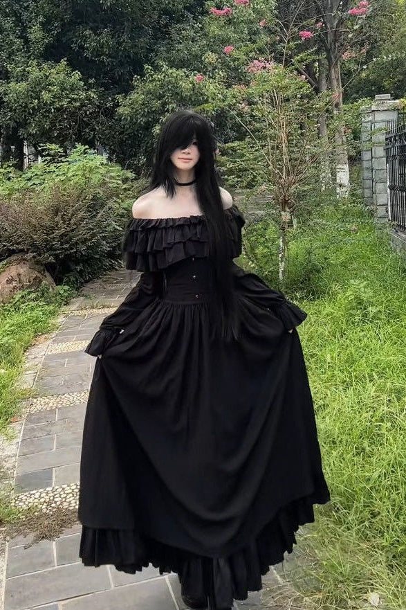 Off Shoulder Gothic Ruffle Hem Maxi Dress