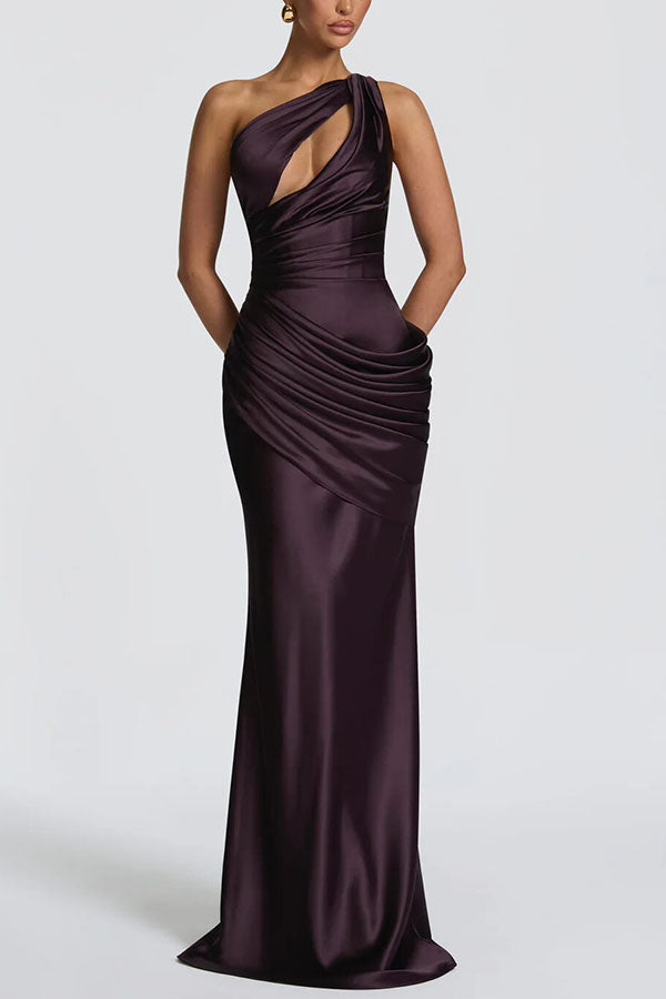 Emina Satin One Shoulder Asymmetrical Neck Cutout Back Lace-up Drape Maxi Dress