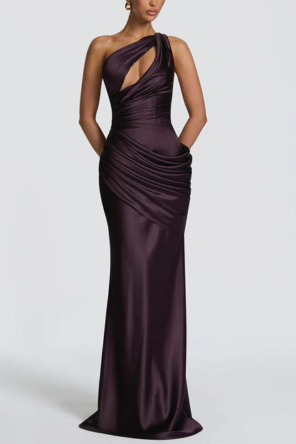 Emina Satin One Shoulder Asymmetrical Neck Cutout Back Lace-up Drape Maxi Dress