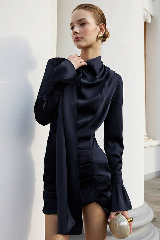 Matte Satin Bell Sleeve Mandarin Silk Dress