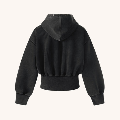 Heavy Washed Distressed Letter Print Zip Hoodie