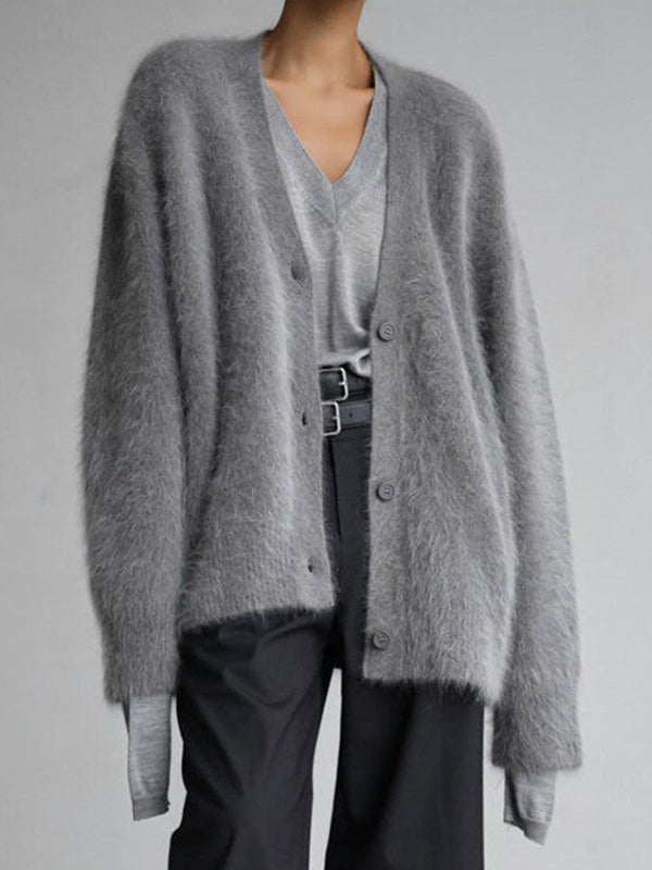 Fuzzy V Neck Loose Cardigan Sweater