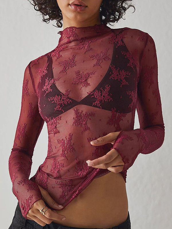 Solid See Through Lace Mock Neck Long Sleeve Tee