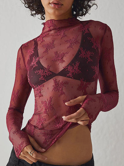 Solid See Through Lace Mock Neck Long Sleeve Tee
