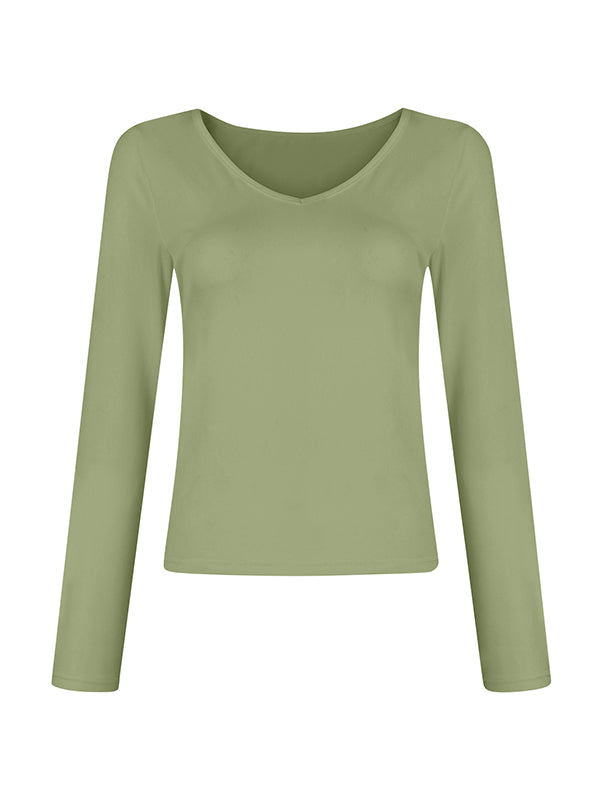 Solid V Neck Slim Long Sleeve Tee