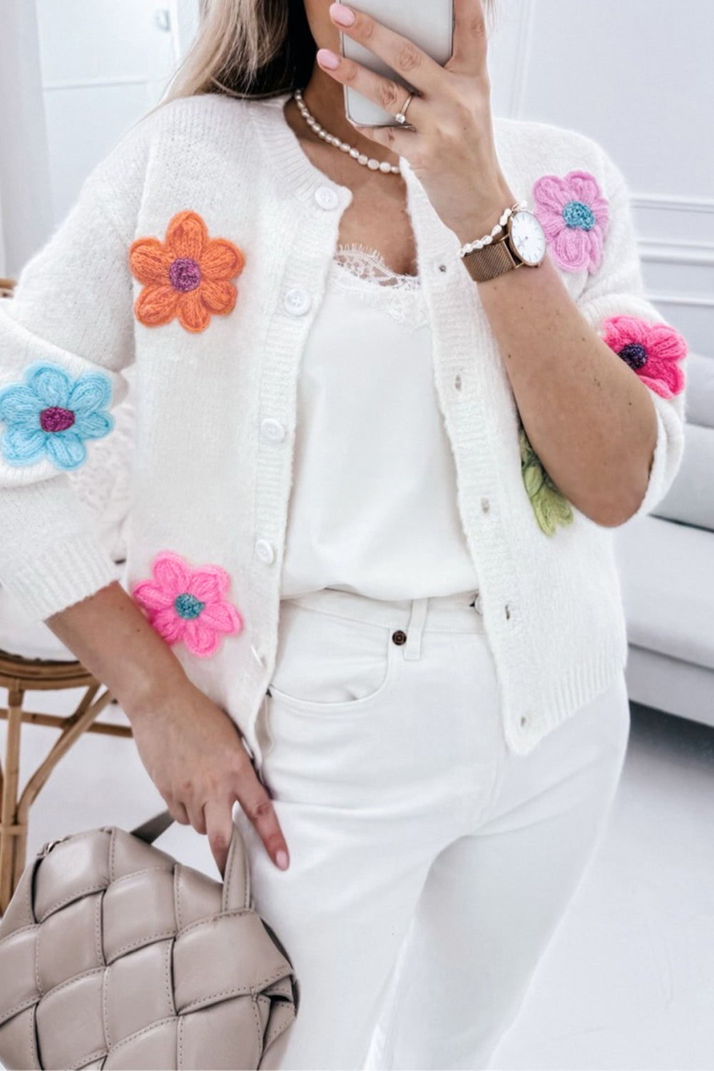 Cárdigan de punto con bordado floral y botones para mujer | Ideal para otoño/invierno