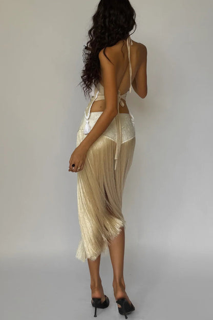 Fashionable Lace Appliqué Tassel Hem Vacation Maxi Skirt