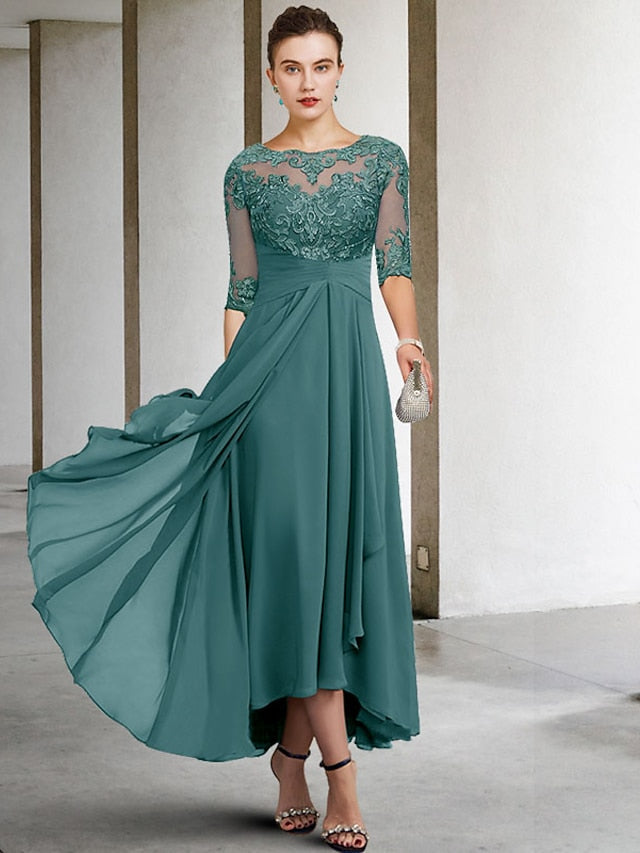 A-Line Mother of the Bride Dress Plus Size Elegant High Low V Neck Asymmetrical Ankle Length Chiffon Lace Half Sleeve with Beading Appliques 2023