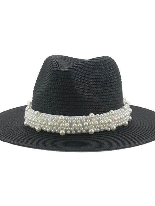 Hat Bucket Hat Straw Hat Green Black Blue Outdoor Daily Holiday Beaded Braided Pure Color Portable Sun Protection Comfort for Women