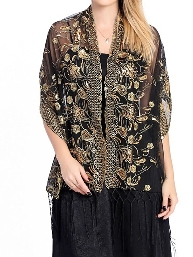 Shawls & Wraps Party Wedding Indoor Light Blue Black White Scarf Embroidered Flower for Women