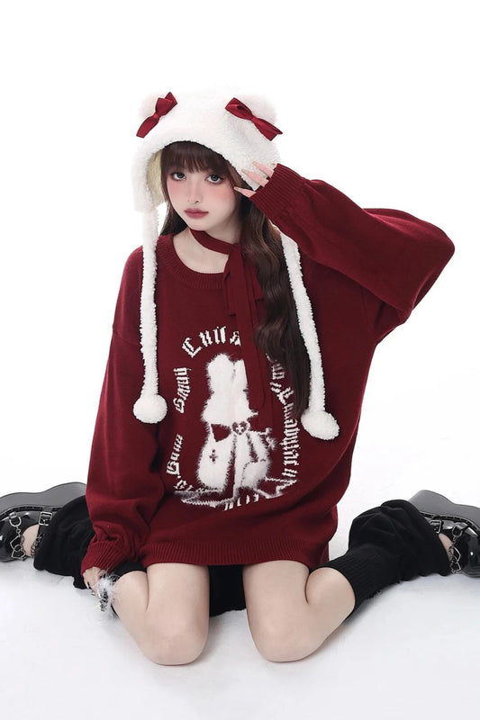 Christmas Bunny Lantern Sleeve Oversized Knit Sweater